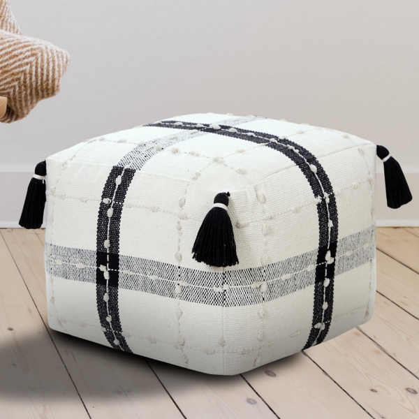 Black and Ivory Textured Plaid Pouf