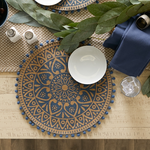 Blue and Natural Print Round Placemats, Set of 6