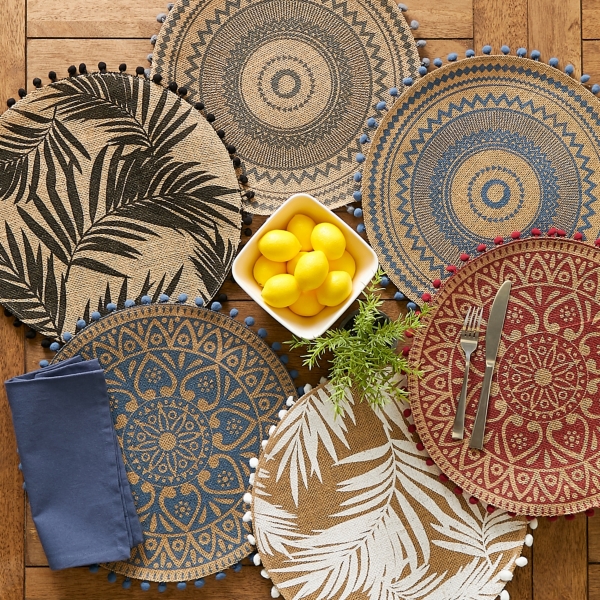 Blue and Natural Print Round Placemats, Set of 6