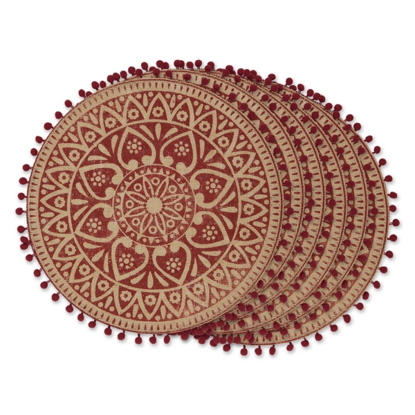 Red and Natural Print Round Placemats, Set of 6