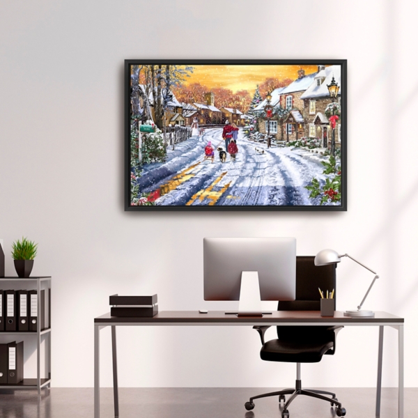 Family Walking in the Snow Framed Canvas Art Print