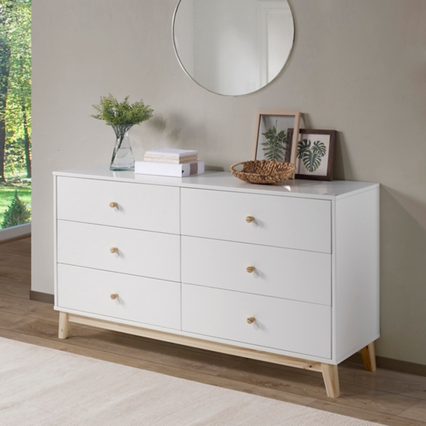White Wood 6-Drawer Footed Dresser