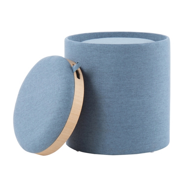 Blue Upholstered Ottomans with Tray Tops, Set of 2