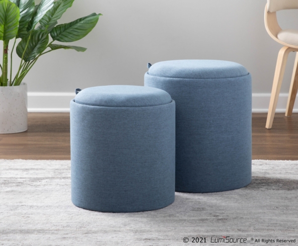 Blue Upholstered Ottomans with Tray Tops, Set of 2