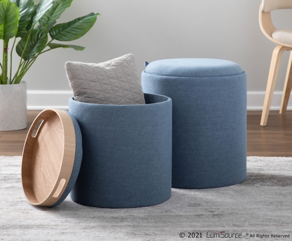 Blue Upholstered Ottomans with Tray Tops, Set of 2