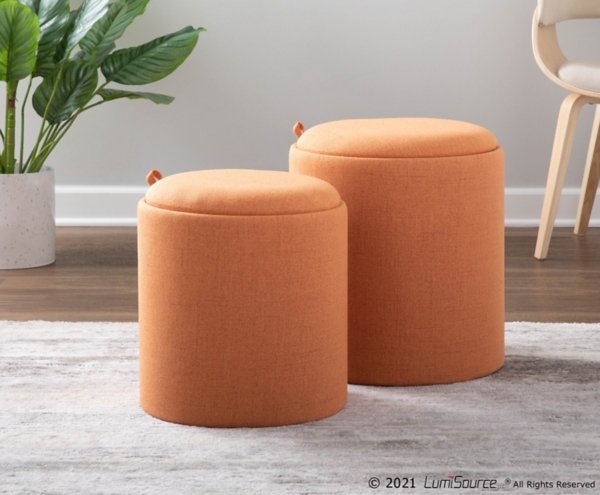 Rust Upholstered Ottomans with Tray Tops, Set of 2