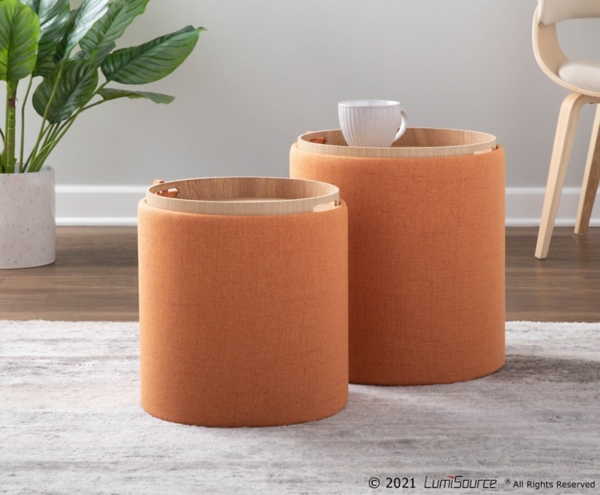 Rust Upholstered Ottomans with Tray Tops, Set of 2