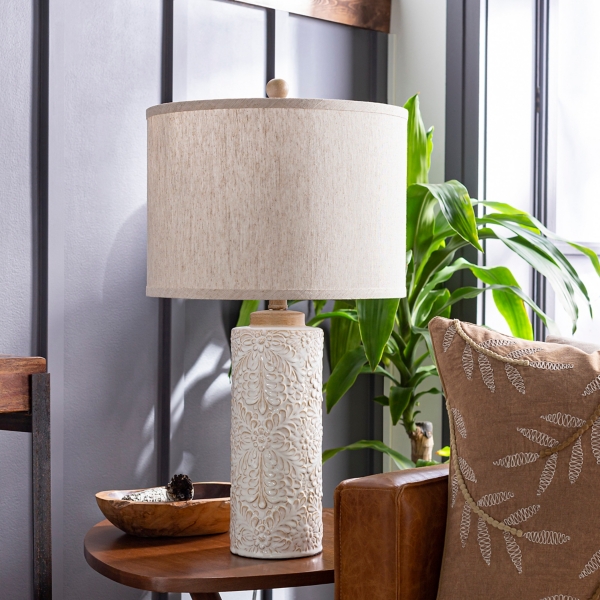 Ivory Embossed Floral Cylinder Table Lamp
