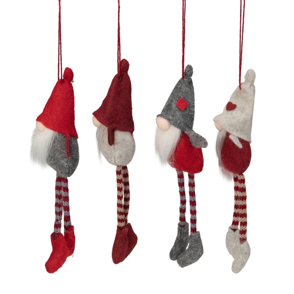 Red and Gray Long Legged Gnome Ornaments, Set of 4