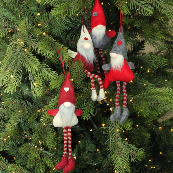 Red and Gray Long Legged Gnome Ornaments, Set of 4