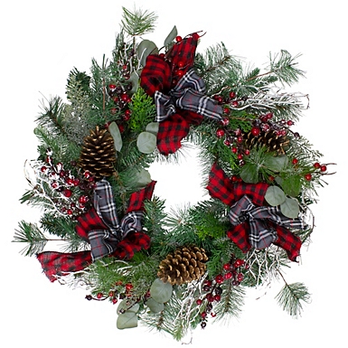 18” Holiday Pine Pick W/ Buffalo Check Ornament & Berries