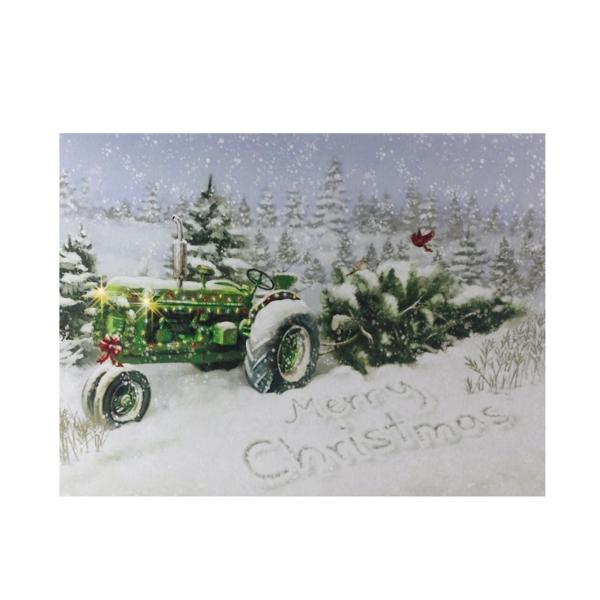 Green Tractor Snow LED Canvas Art Print