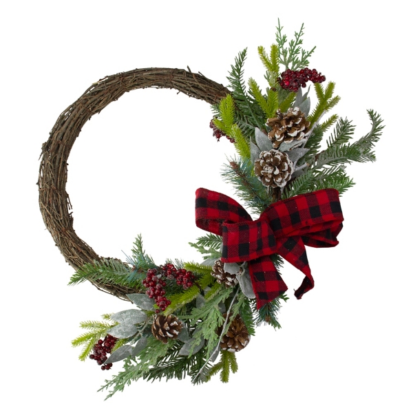 Icy Red Pineberry Buffalo Check Bow Half Wreath