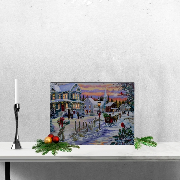 Snowy Village Sleigh Christmas LED Canvas Print