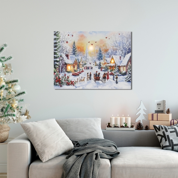 LED Light Snowy Christmas Village Canvas Wall Art