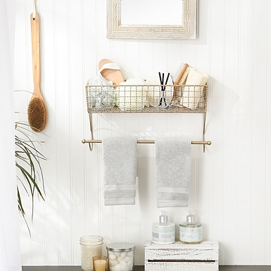 Wall Mounted Bathroom Shelf w/ Towel Bar, Gold & White