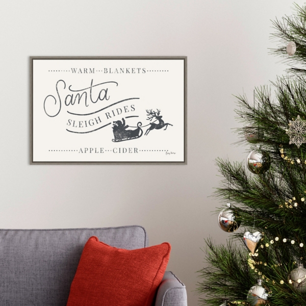 Santa Sleigh Rides Gray Framed Canvas Art Print
