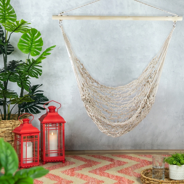Sandy White Coastal Macrame Hanging Hammock