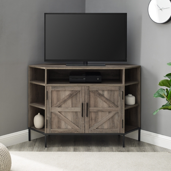 Gray Farmhouse Open Shelf Corner TV Stand Kirklands Home