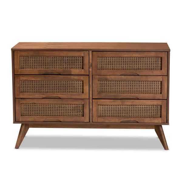 Brown Wood and Rattan 6-Drawer Dresser