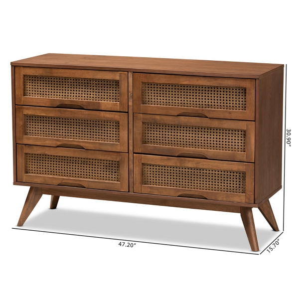 Brown Wood and Rattan 6-Drawer Dresser