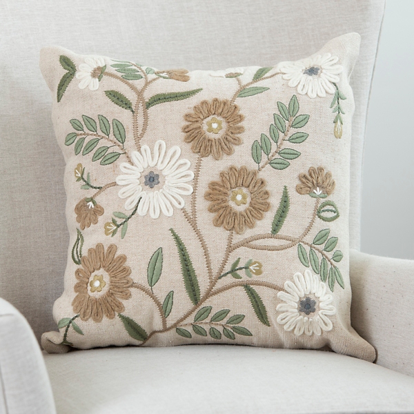 Embroidered Sage Floral Large Throw Pillow, 16 x 24