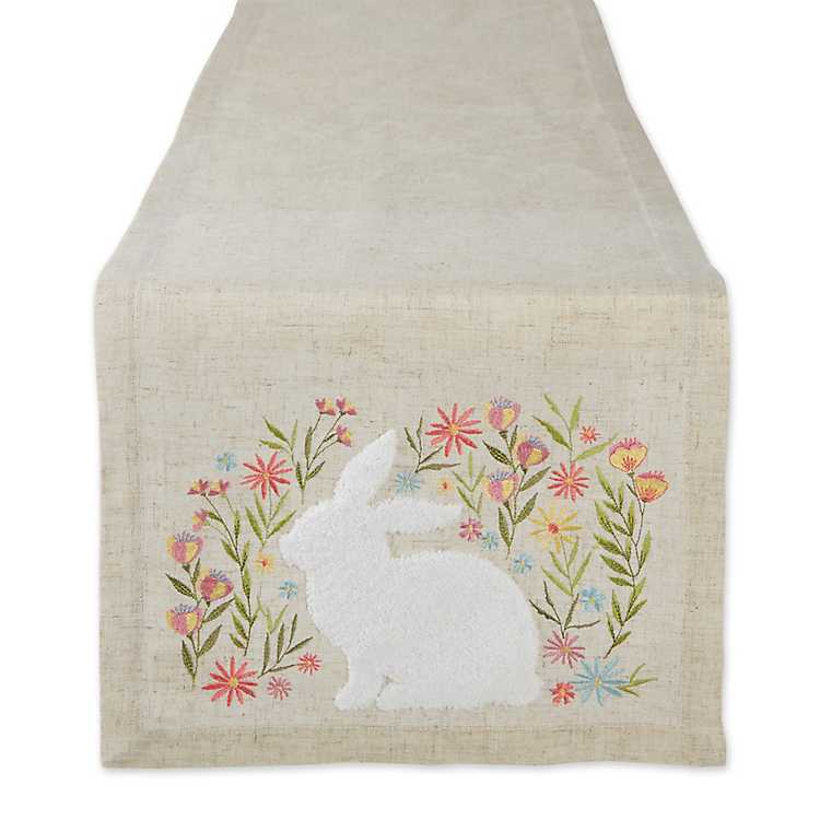 Table Runner Medium Blanket Easter Bunny with Flower Yellow Embroidery Tablecloth