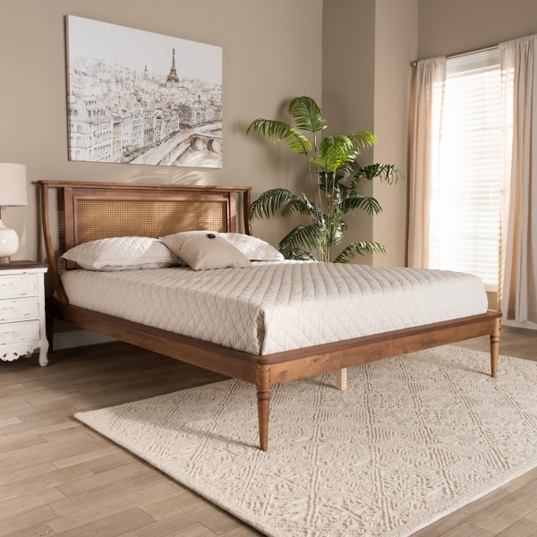 Walnut Rattan Swooping Queen Platform Bed