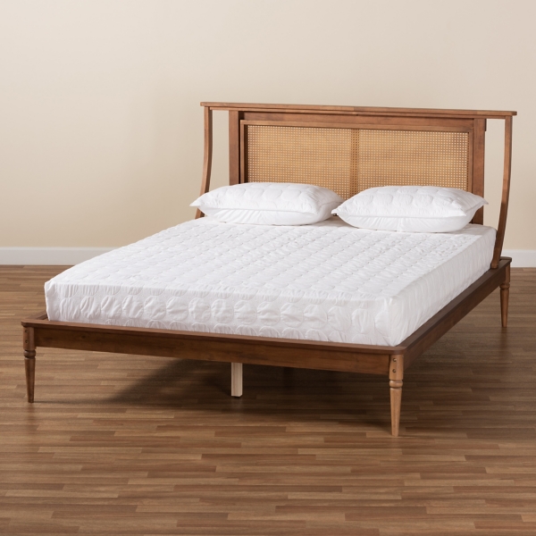 Walnut Rattan Swooping Queen Platform Bed
