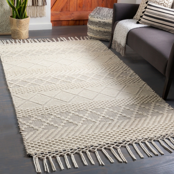 Cream Diamond Tassel Wool Area Rug, 8x10