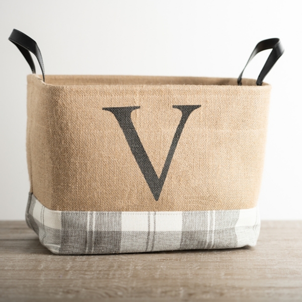 Monogrammed V Gray Plaid Leather Handle Jute Bin