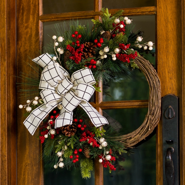 Windowpane Plaid Berry Bow Wreath