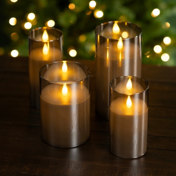 Gray LED Soft Flame Glass Pillar Candle, 3x7 in.