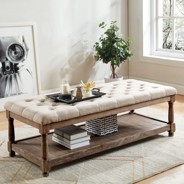 Beige Tufted Linen and Wood Bench