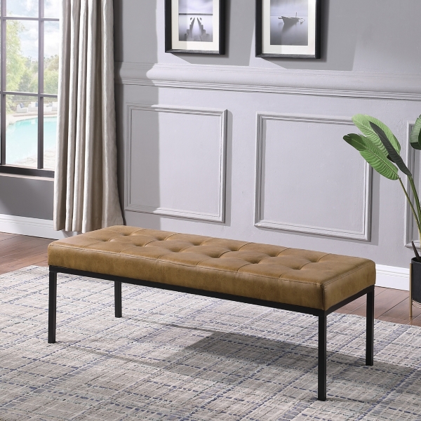 Brown Faux Leather Tufted Button Bench