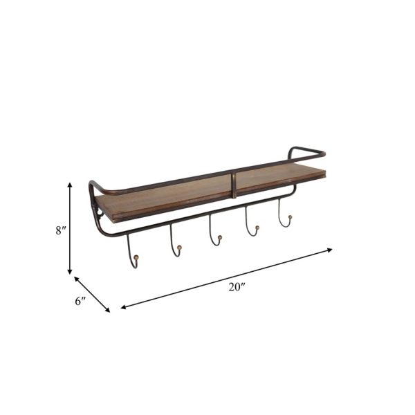 Brown Metal Frame Wood Wall Shelf with Hooks