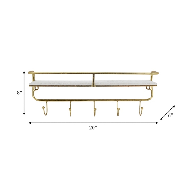 Gold Metal and White Wood Wall Shelf with Hooks