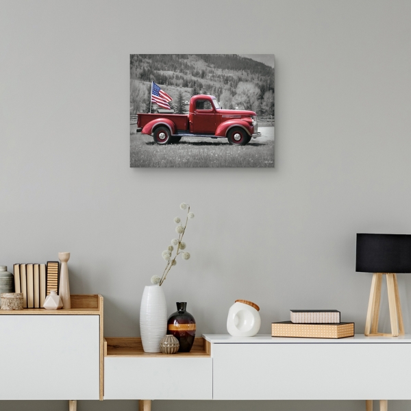 Red Pickup Truck with Flag Canvas Wall Plaque