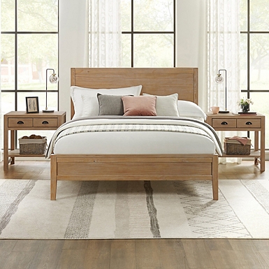 Wooden Bed Frame with Headboard - Natural Rubberwood, Queen