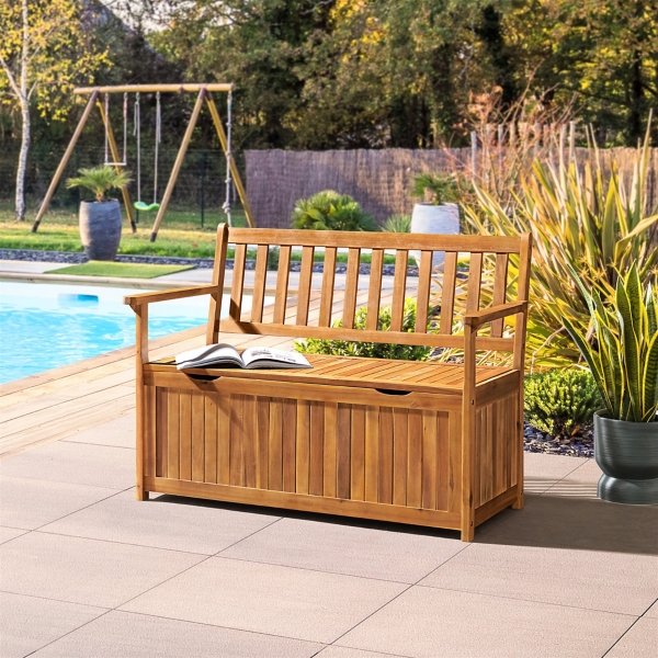 Warm Acacia Wood Slatted Outdoor Storage Bench Kirklands Home