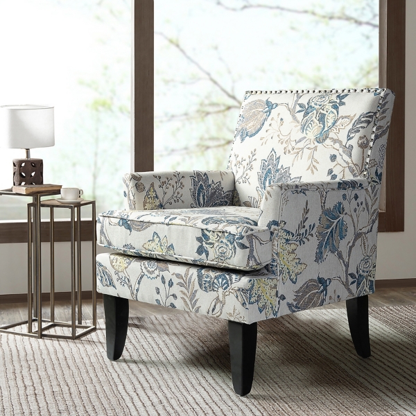 Blue and Yellow Floral Upholstered Accent Chair