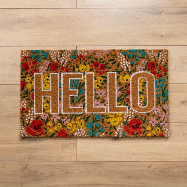 Hello Floral Natural/Pink Coir Outdoor Welcome Doormat, 18 x 30