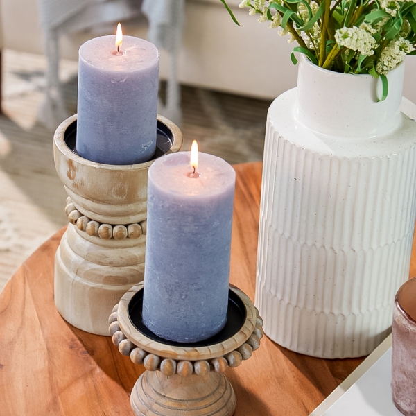 Natural Wood Beaded Pillar Candle Holder, 8 in.