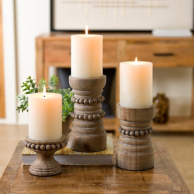 Natural Wood Beaded Pillar Candle Holder, 4 in.