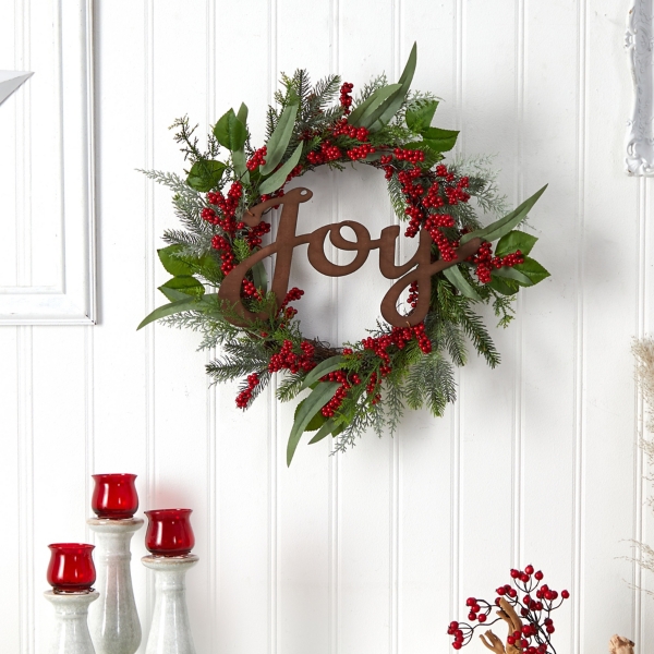 Foliage and Red Berry Joy Wreath