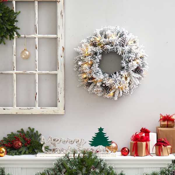 Pre-Lit Fully Flocked Pine Branch Wreath
