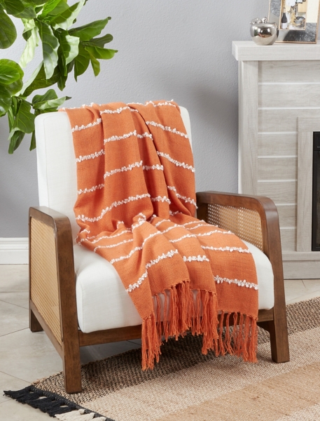Orange White Striped Fringe Throw Blanket
