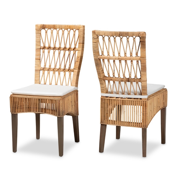Woven Rattan White Cushion Dining Chairs, Set of 2