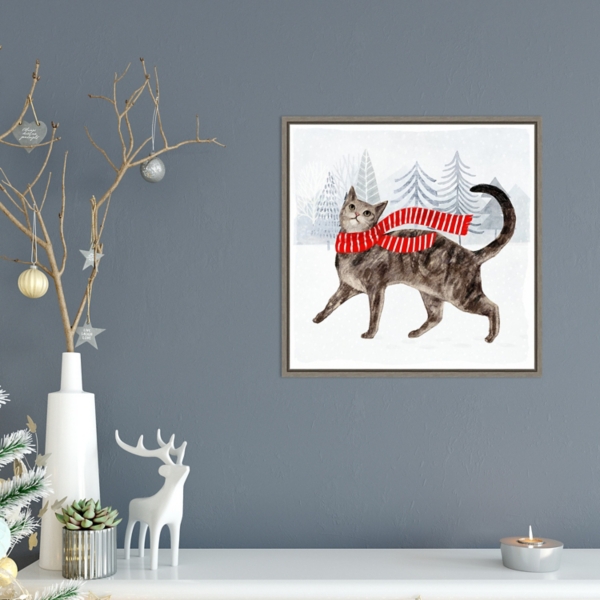 Cat with Red Scarf Christmas Canvas Wall Plaque