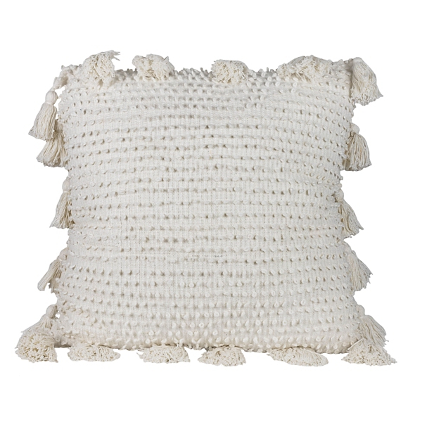 White Hand Woven Knot Pillow with Tassels, 24 in.